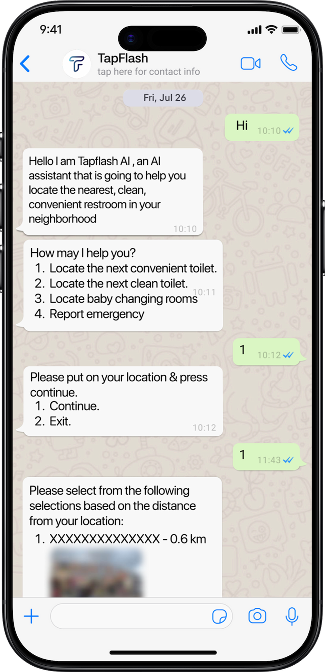 TapFlash WhatsApp assistant introducing facility search options